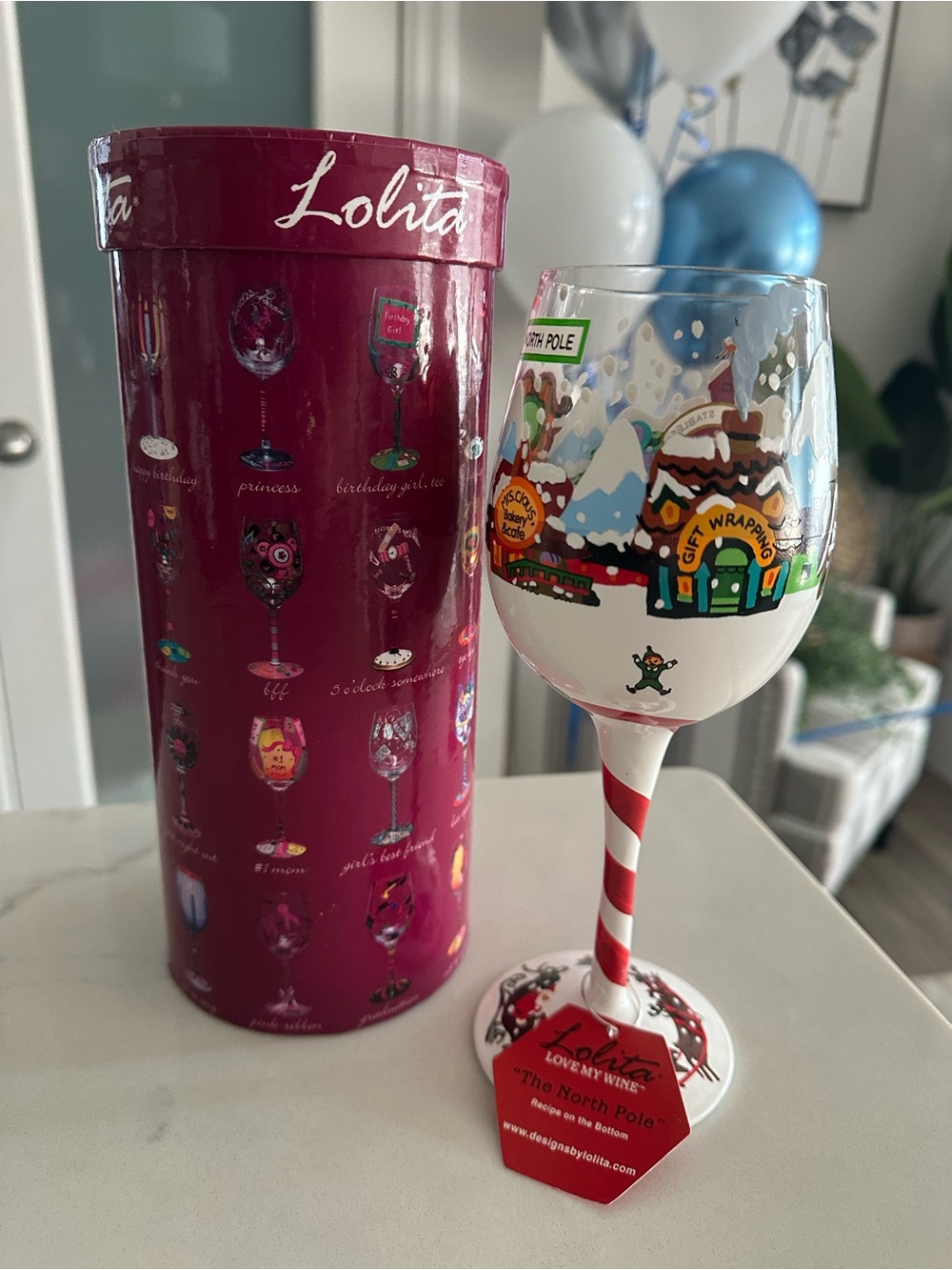 Lolita The North Pole Holiday Wine Glass - Red, White, Green, Blue